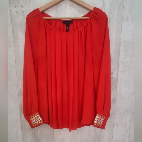 Alfani Red Pleated Long Sleeve Blouse with Gold Cuff Accents Size 12 - Picture 1 of 6